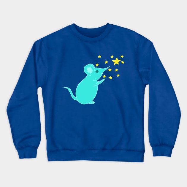 Cute Blue Mouse Making Magic and Stars Crewneck Sweatshirt by Green Paladin